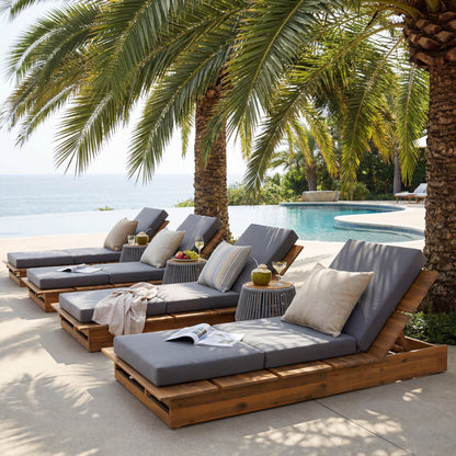 Acacia Wood Chaise Lounge with 4" Thick 3-Fold Dark Gray Movable Cushion – Wide Teak Finish Patio Lounger, 3-Position Recliner, 400 lbs Capacity image 8