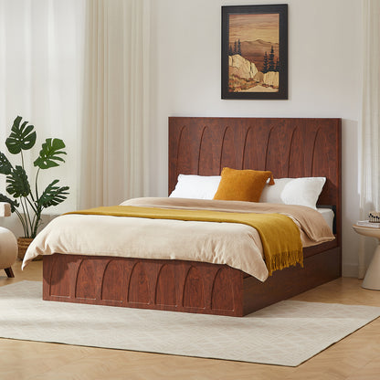 Dekuch queen bed frame with curved headboard and side drawers - angle view
