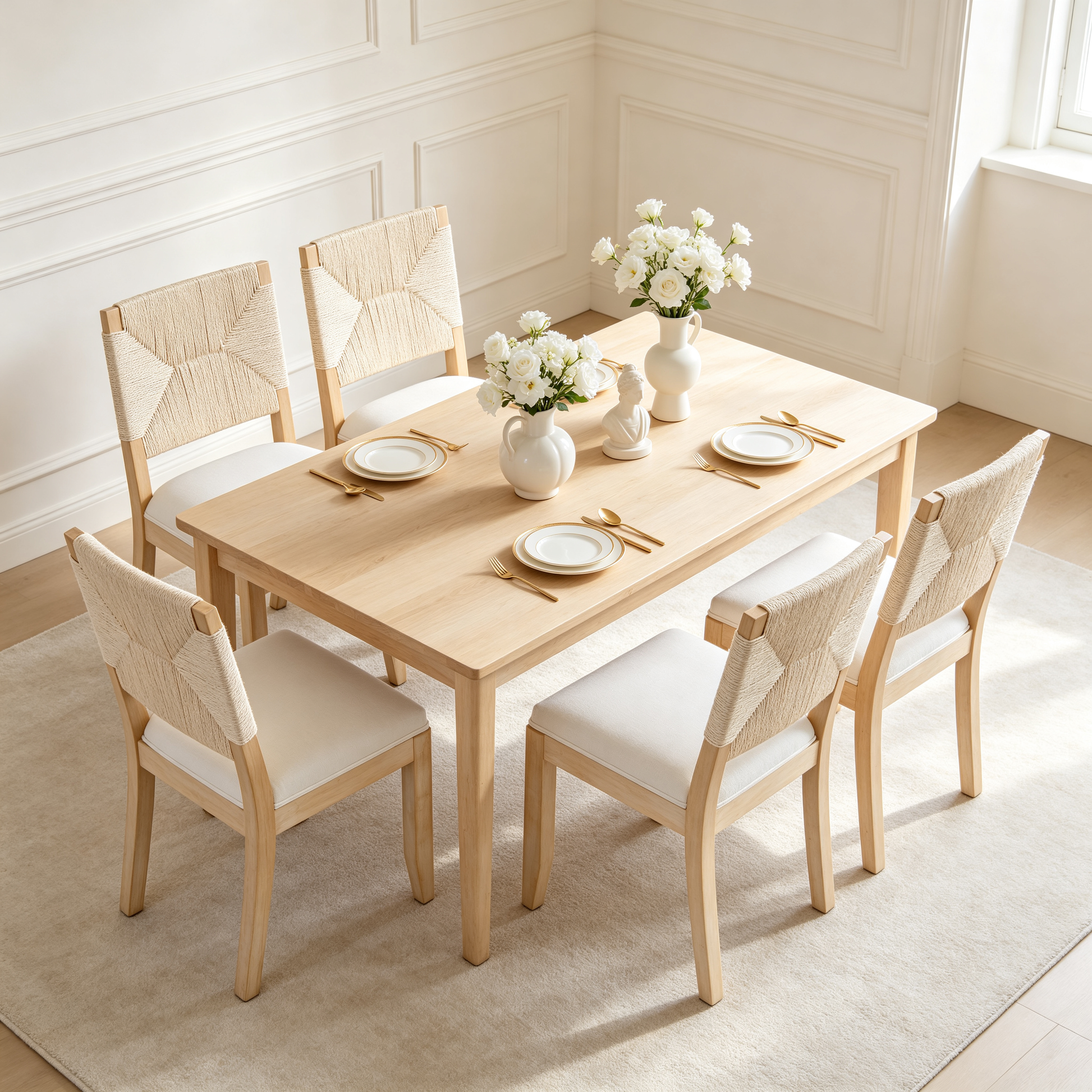 French Country Dining Chairs Set of 2, Beige Farmhouse Kitchen & Dining Room Chairs, Boho Wood Dining Chair with Woven Back & Linen Upholstered Seat, Solid Wood Frame,Beige image 7