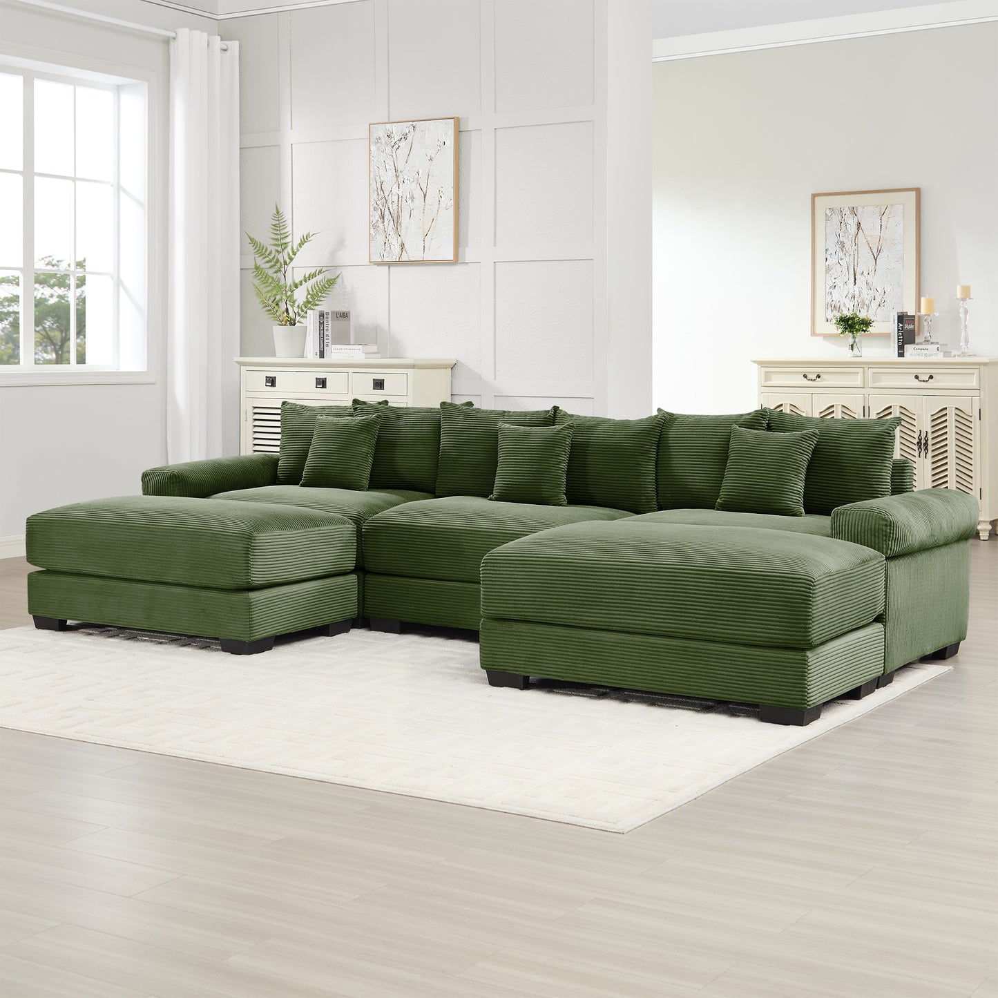 130" Oversized Cloud Modular Sectional Couch,Premium Corduroy Fabric, 3-Seater Deep Seat Wide Armrests, With An Ottoman,Ergonomic Design, Easy Assembly For Lounges Living Room,Green image 2