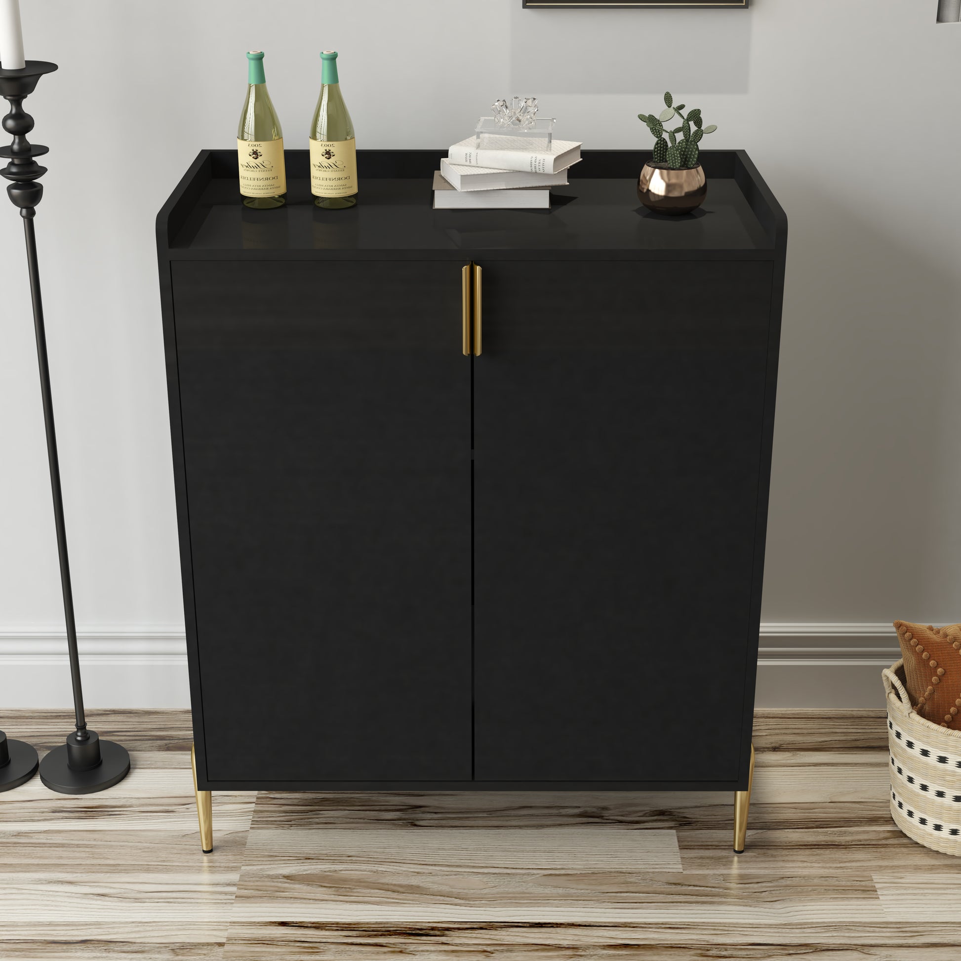 2 doors home wine bar cabinet with wine rack & adjustable storage shelf, modern sideboard with soft-closing hinge, dinning room buffet cabinet, Liquor Cabinet kitchen, living room coffee cart BLACK image 4