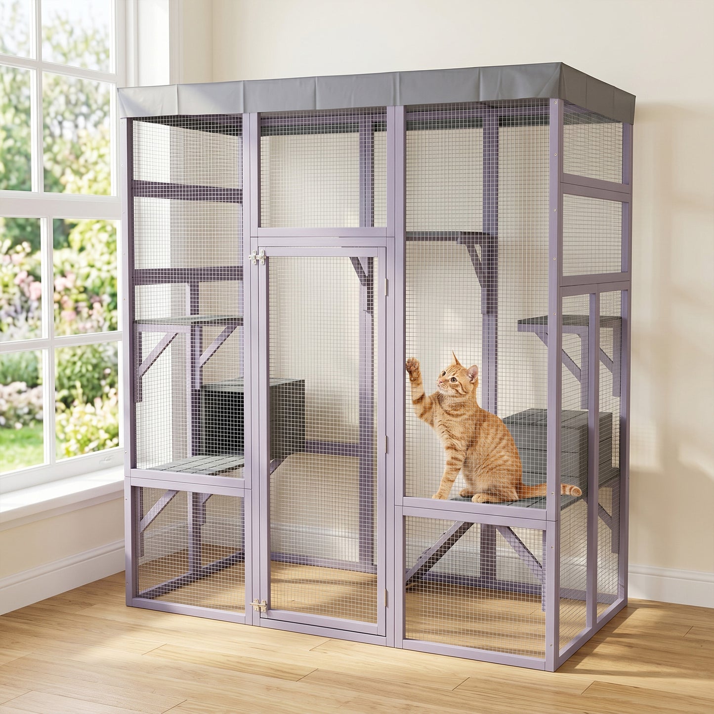 62.6" Wooden Outdoor Catio for Cats, Large Cat Enclosure with Waterproof Roof, 2 Napping House, Platforms & Galvanized Wire – Pet Cage for Backyard or Patio image 1