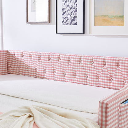 Full‑Size Daybed,Upholstered Convertible Daybed with Tufted Button Backrest, 3‑in‑1 Versatile Sofa Bed with Pull‑Out Trundle & Side Storage, Perfect for Compact Living-Pink image 7