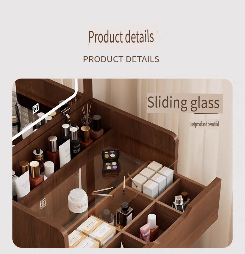 (48cm)(Walnut) 3 in 1 Vanity Desk with Plip Top Mirror,Small Make Up Vanity Set with Visible Glass Desktop, Compact Makeup Vanity with 3 Drawers, Dressing Table image 2