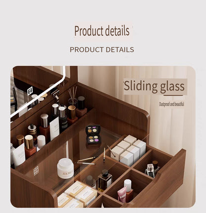 (48cm)(Walnut) 3 in 1 Vanity Desk with Plip Top Mirror,Small Make Up Vanity Set with Visible Glass Desktop, Compact Makeup Vanity with 3 Drawers, Dressing Table image 2