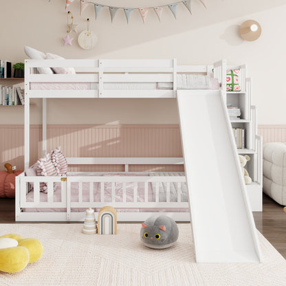Twin Over Full Bunk Bed with Slide, Storage Staircase, Pine Solid Wooden Bunk Bed with Safety Guardrails,White (Old Sku W504S00185) image 1