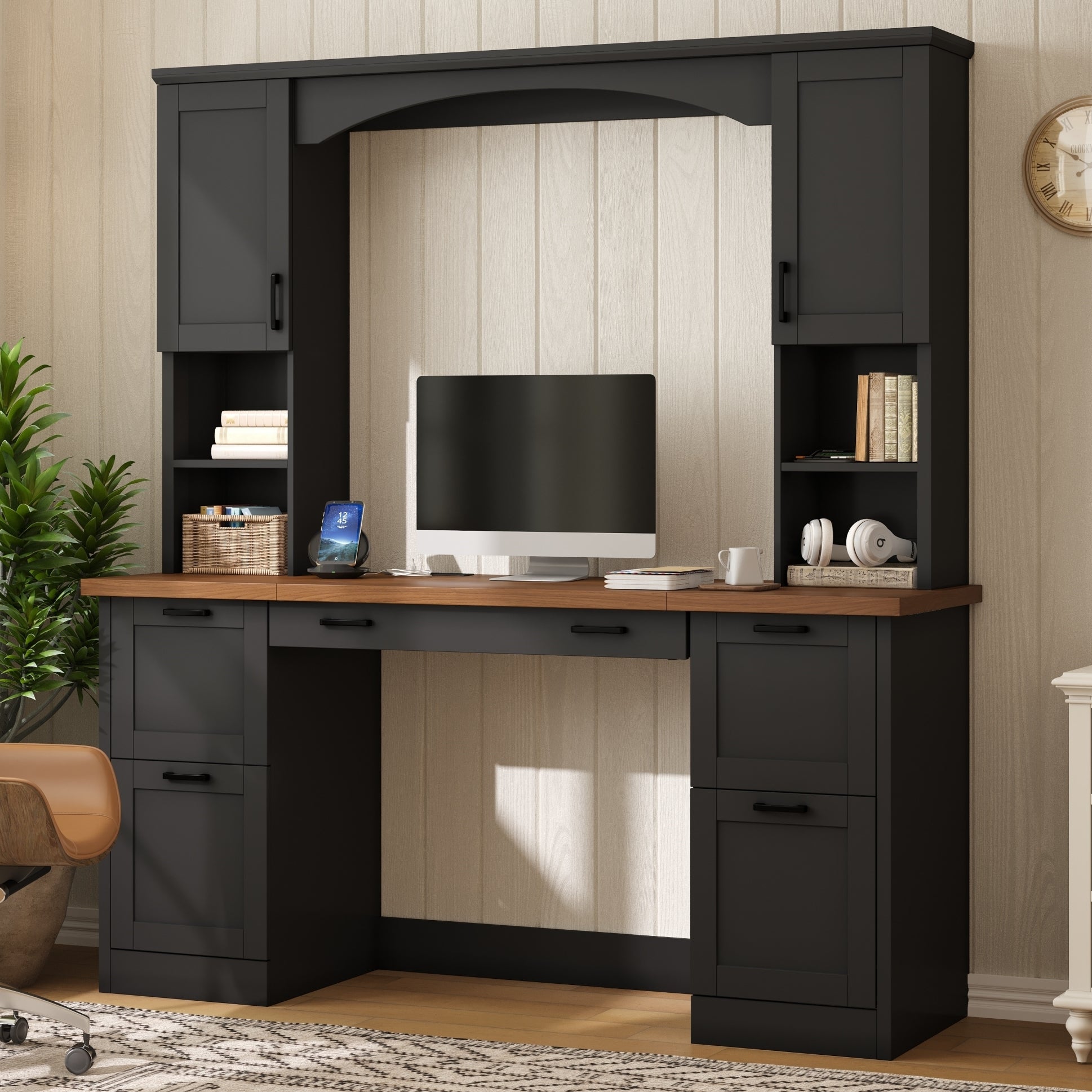 ON-TREND Farmhouse Arched Computer Desk with Hutch, Mid-Century Walnut Home Office Workstation with Charging Station & Keyboard Tray, All-in-One Writing Desk with File Drawer for Study, Office, Black image 1