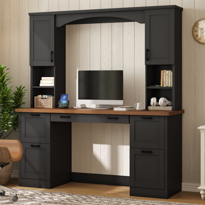 ON-TREND Farmhouse Arched Computer Desk with Hutch, Mid-Century Walnut Home Office Workstation with Charging Station & Keyboard Tray, All-in-One Writing Desk with File Drawer for Study, Office, Black image 1