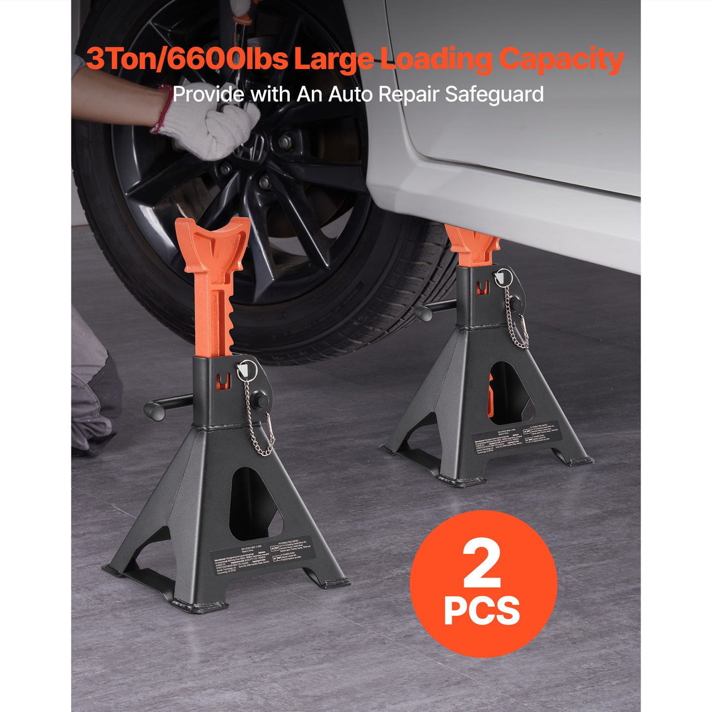 Jack Stands, 3 Ton (6,600 lbs) Capacity, 10.8-16.3 in Adjustable Height, Heavy Duty Steel Jack Auto Stands with Double Locking, for Lifting SUV, Pickup, Car, UTV/ATV, 1 Pair, Black and Orange image 2