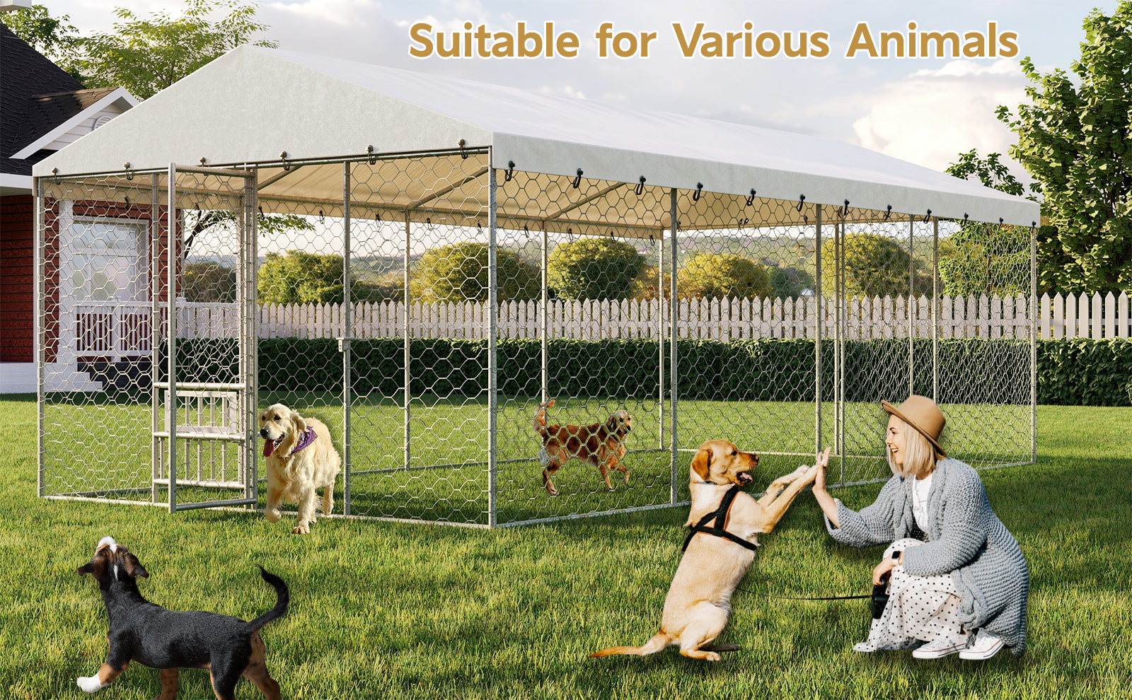 20x10 FT Large Outdoor Dog Kennel with Canopy, Heavy Duty Galvanized Steel Frame, Waterproof Cover, Built-in Elevated Feeding Bowls, Escape-Proof Lockable Pet Playpen for Large Dogs & Multiple Animal image 11