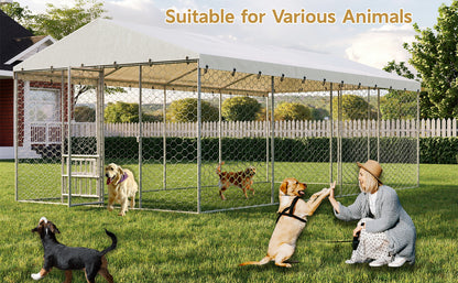 20x10 FT Large Outdoor Dog Kennel with Canopy, Heavy Duty Galvanized Steel Frame, Waterproof Cover, Built-in Elevated Feeding Bowls, Escape-Proof Lockable Pet Playpen for Large Dogs & Multiple Animal image 11
