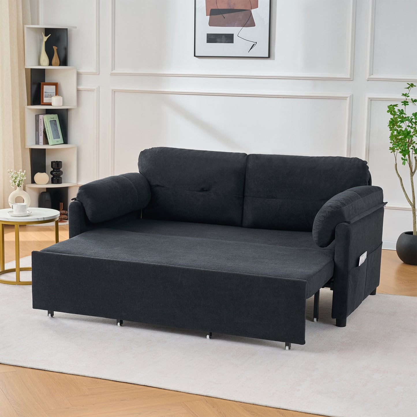 Convertible Pull Out Sofa Bed Queen Size, 3-in-1 Convertible Sleeper Couch with Thicked Cushions and Side Storage,Multi-Functional chenille Loveseat Sofa for Living Room,Bedroom,Apartment,Office,Black image 7