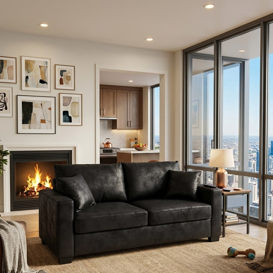 This 69-inch two-seater sofa features a Foil fabric and comes with two throw pillows, offering a comfortable seating experience suitable for any setting. image 2