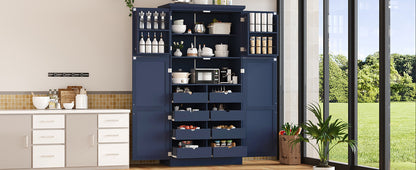 [Assembly Video Provided] TOPMAX 35.5x17.6x70.9inch Freestanding Kitchen Pantry Cabinet, Tall Storage Cabinet with 4 Doors, 2 Door Shelves, 8 Pull-out Trays and Adjustable Shelf for Dining Room, Blue image 4