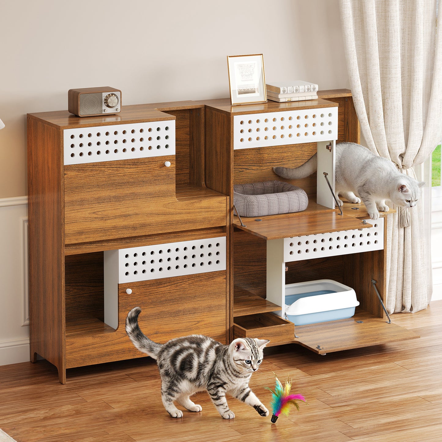 2-Piece of Modern 2 IN 1 Cat Furniture Set, Cat Litter Box Enclosure Side Table, Cat House with Storage, for 2 Small-Medium Sized Cats - BROWN image 1