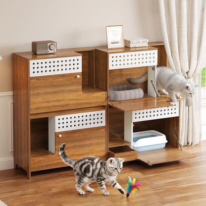 2-Piece of Modern 2 IN 1 Cat Furniture Set, Cat Litter Box Enclosure Side Table, Cat House with Storage, for 2 Small-Medium Sized Cats - BROWN image 1