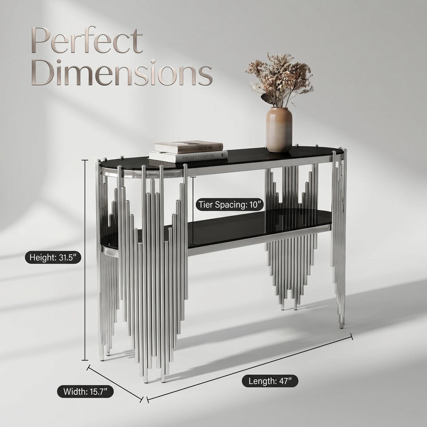 Luxury Silver Console Table with 2-Tier Black Tempered Glass Shelves, Modern Oval Entryway Table for Hallway & Living Room, Polished Stainless Steel Frame, 47" x 15.7" x 31.5" image 4