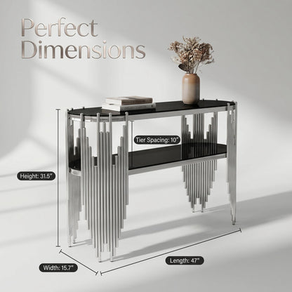 Luxury Silver Console Table with 2-Tier Black Tempered Glass Shelves, Modern Oval Entryway Table for Hallway & Living Room, Polished Stainless Steel Frame, 47" x 15.7" x 31.5" image 4