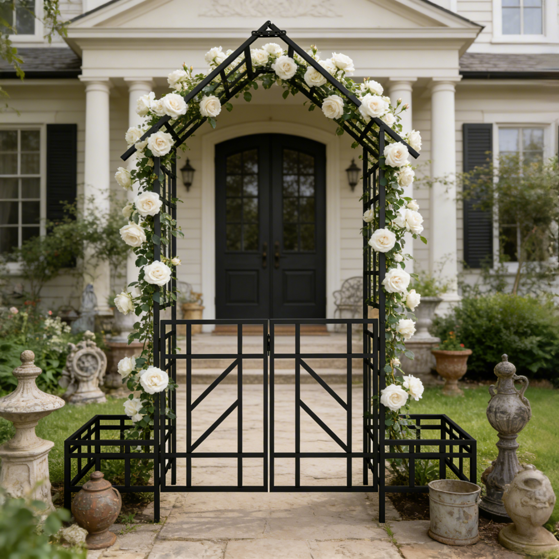 Metal Garden Arch with Gate with planter W80.71*H97.24 Climbing Plants Support Rose Arch Outdoor Black image 6