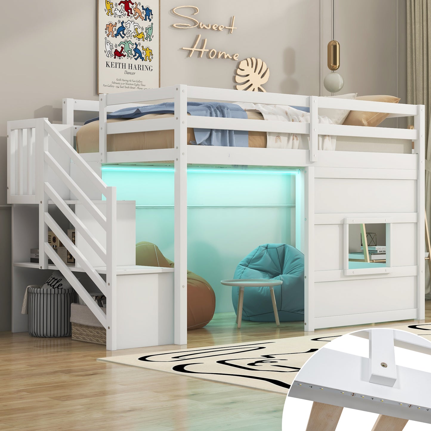 Twin Size Loft Bed with Storage Staircase and Window, With LED Light, White image 4