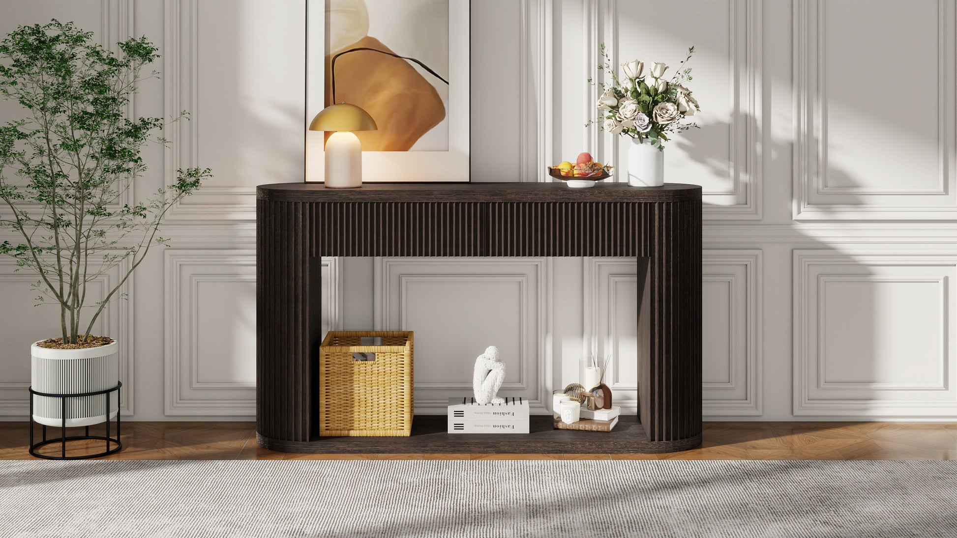 TREXM Oval Fluted Console Table with 2 Drawers and Bottom Shelf, Wood Entryway Table with Smooth Metal Slides for Living Room, Entryway (Espresso) image 7