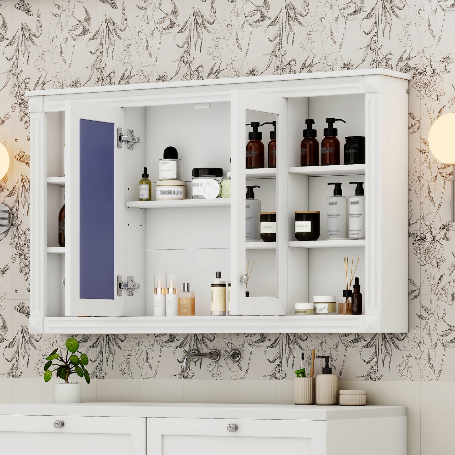 47 Inch Bathroom Mirror Cabinet with Storage, Adjustable Shelf and Open Shelves, Wall Mounted Medicine Cabinet for Bathroom, Bedroom, Vanity image 4