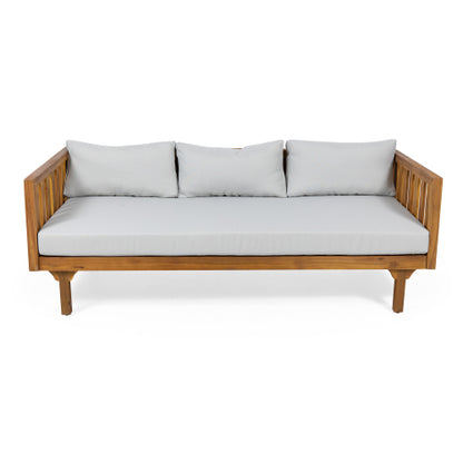 Acacia Wood Patio Furniture Set,Outdoor 3 Seater Daybed(with Water Resistant Thick Cushions)and Round Coffee Table, Light Gray Cushion image 12