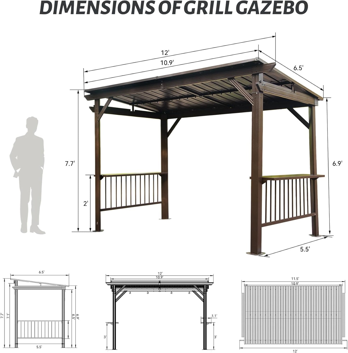 6.5x12FT Hardtop Grill Gazebo, Outdoor BBQ Gazebo with 2 Side Shelves and Sloping Galvanized Steel Roof, Metal Permanent Grill Canopy with Ceiling Hooks for Patio, Lawn, Backyard, Deck, Brown image 4