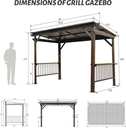 6.5x12FT Hardtop Grill Gazebo, Outdoor BBQ Gazebo with 2 Side Shelves and Sloping Galvanized Steel Roof, Metal Permanent Grill Canopy with Ceiling Hooks for Patio, Lawn, Backyard, Deck, Brown image 4