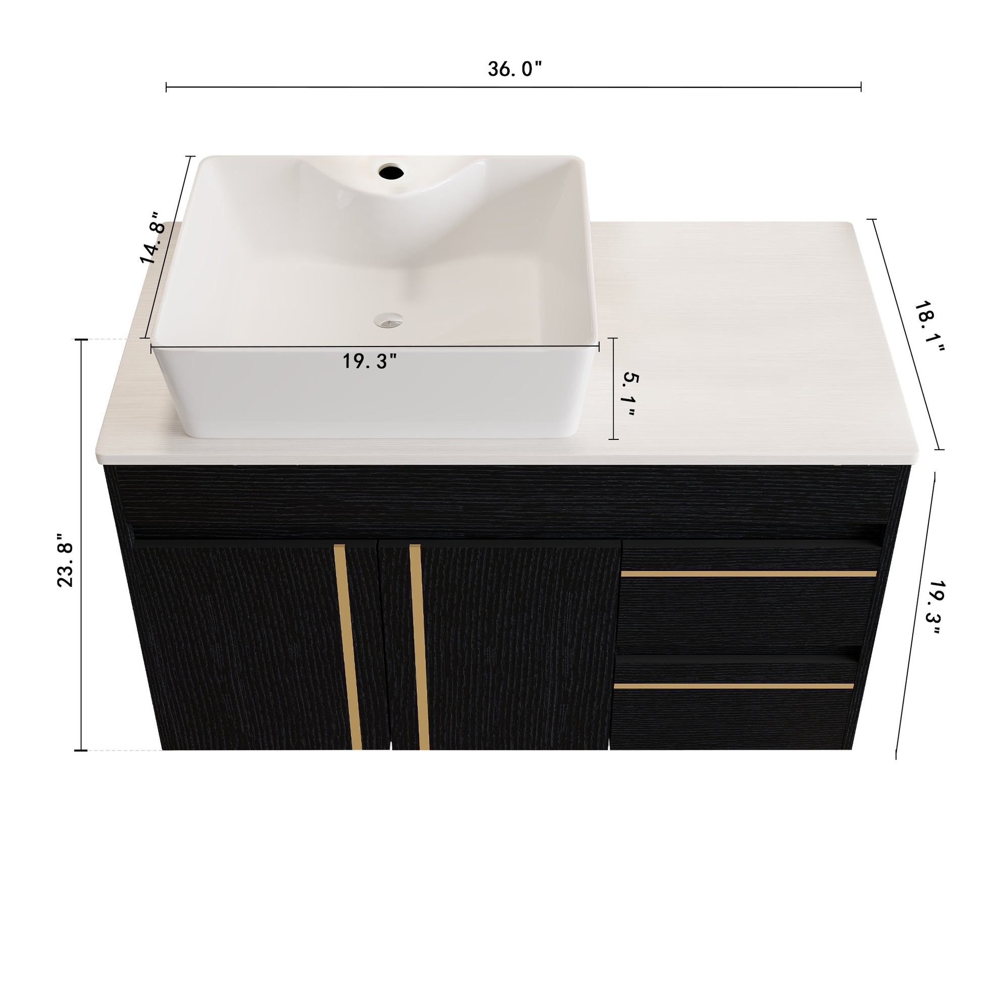 36" Wall-Mounted Bathroom Vanity with Vessel Ceramic Sink & Plywood Countertop – Soft-Close Door & Drawers, Floating Design image 9