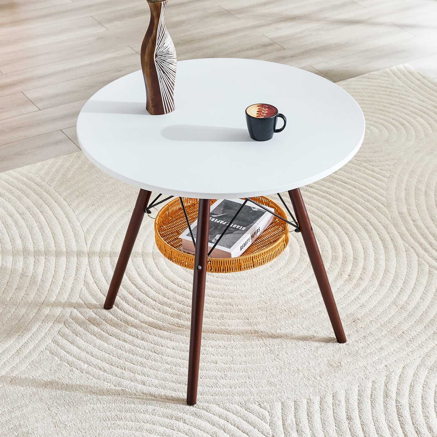 31.5-inch diameter circular dining table, white MDF vacuum formed tabletop, walnut solid wood legs, with suspended woven storage basket structure. A casual coffee table suitable for 2-4 people. image 3