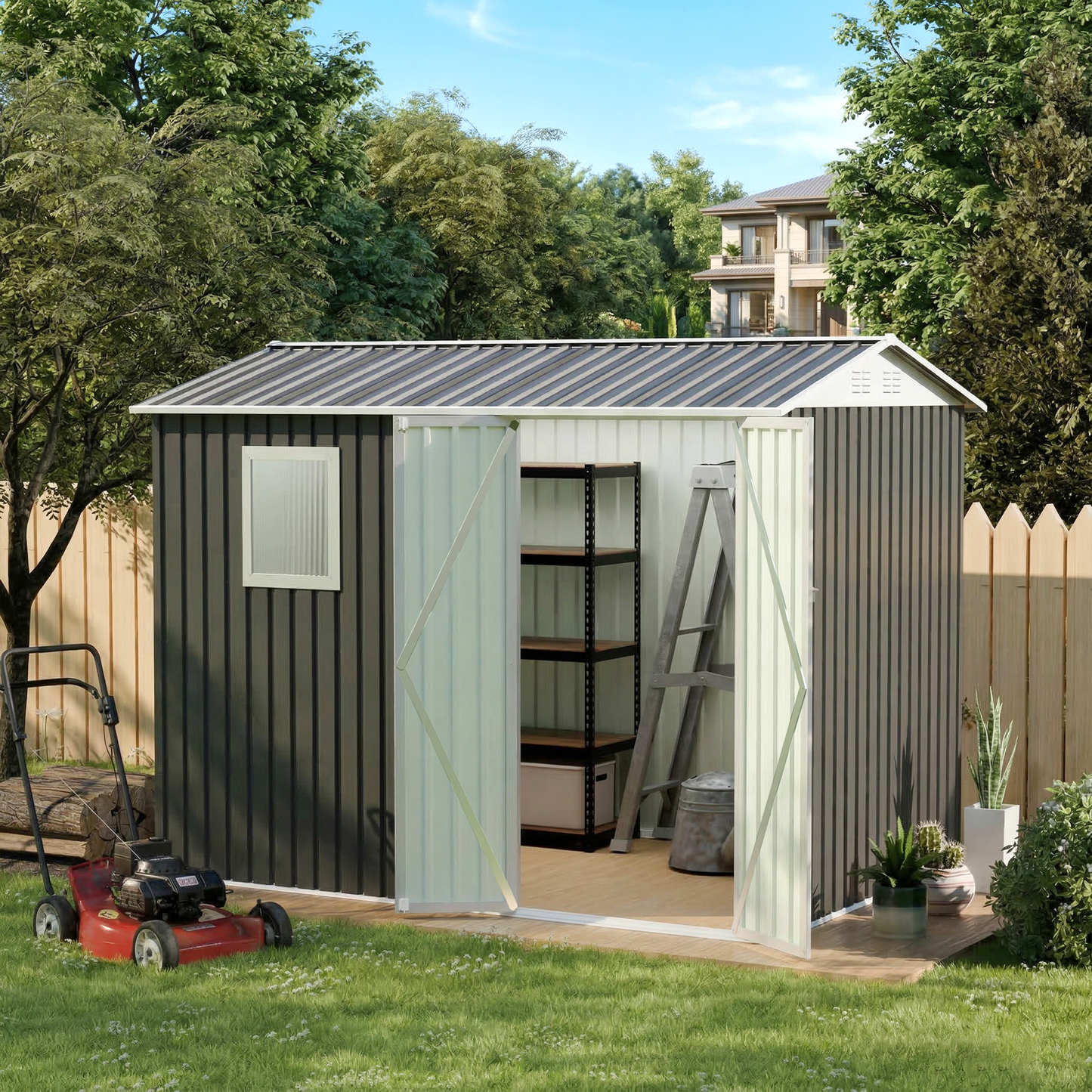 9x6 FT Metal Garden Shed with 1 Windows for Outdoors Patio Hinge Doors Storage Sheds image 1
