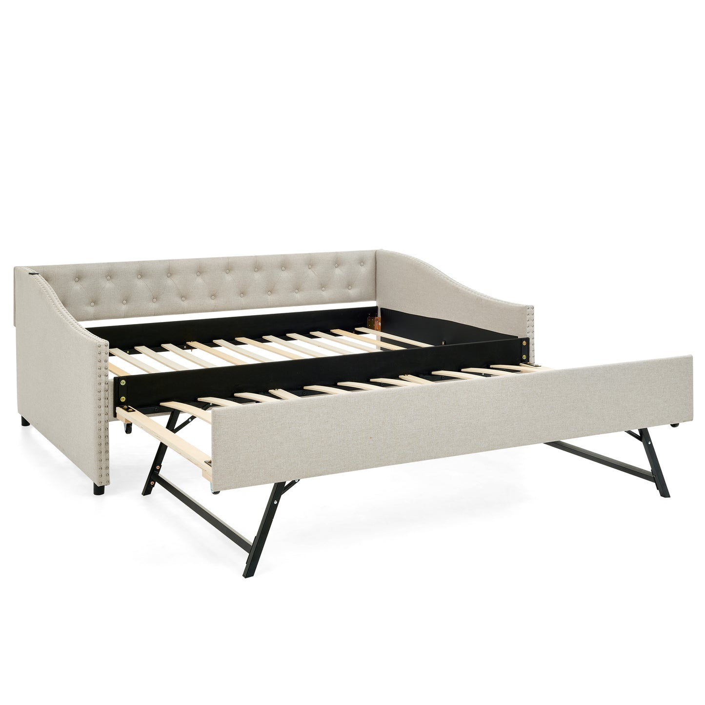 Full Size Daybed with USB Charging & Twin Size Pull-out Extendable Bed, with Button on Back and Copper Nail on Waved Shape Arms image 8