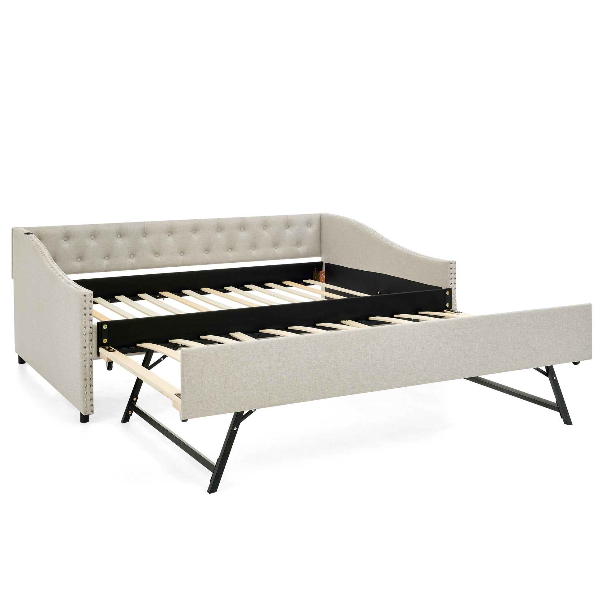 Full Size Daybed with USB Charging & Twin Size Pull-out Extendable Bed, with Button on Back and Copper Nail on Waved Shape Arms image 8