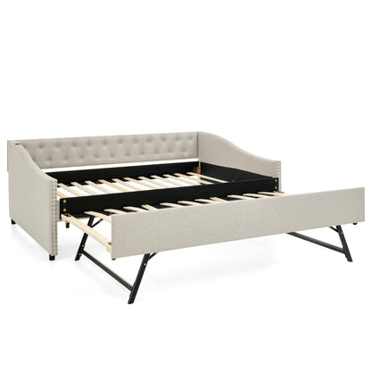 Full Size Daybed with USB Charging & Twin Size Pull-out Extendable Bed, with Button on Back and Copper Nail on Waved Shape Arms image 8