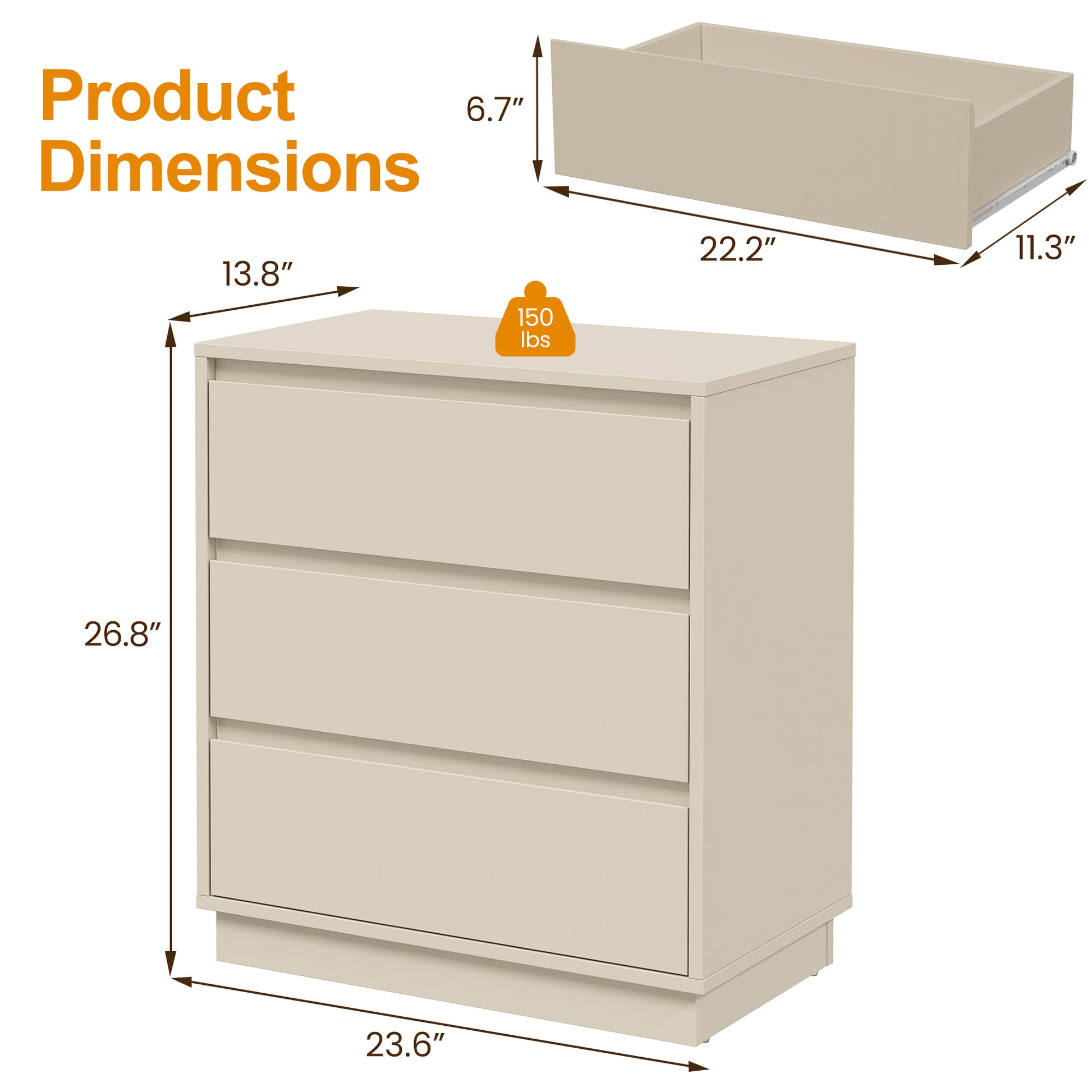Large 3 Drawer Dresser Set of 2, Modern Nightstand for Bedroom, Wide Bedside Table with Hidden Pull-out System, Wooden Chest of Drawers for Living Room, Entryway, Beige image 2