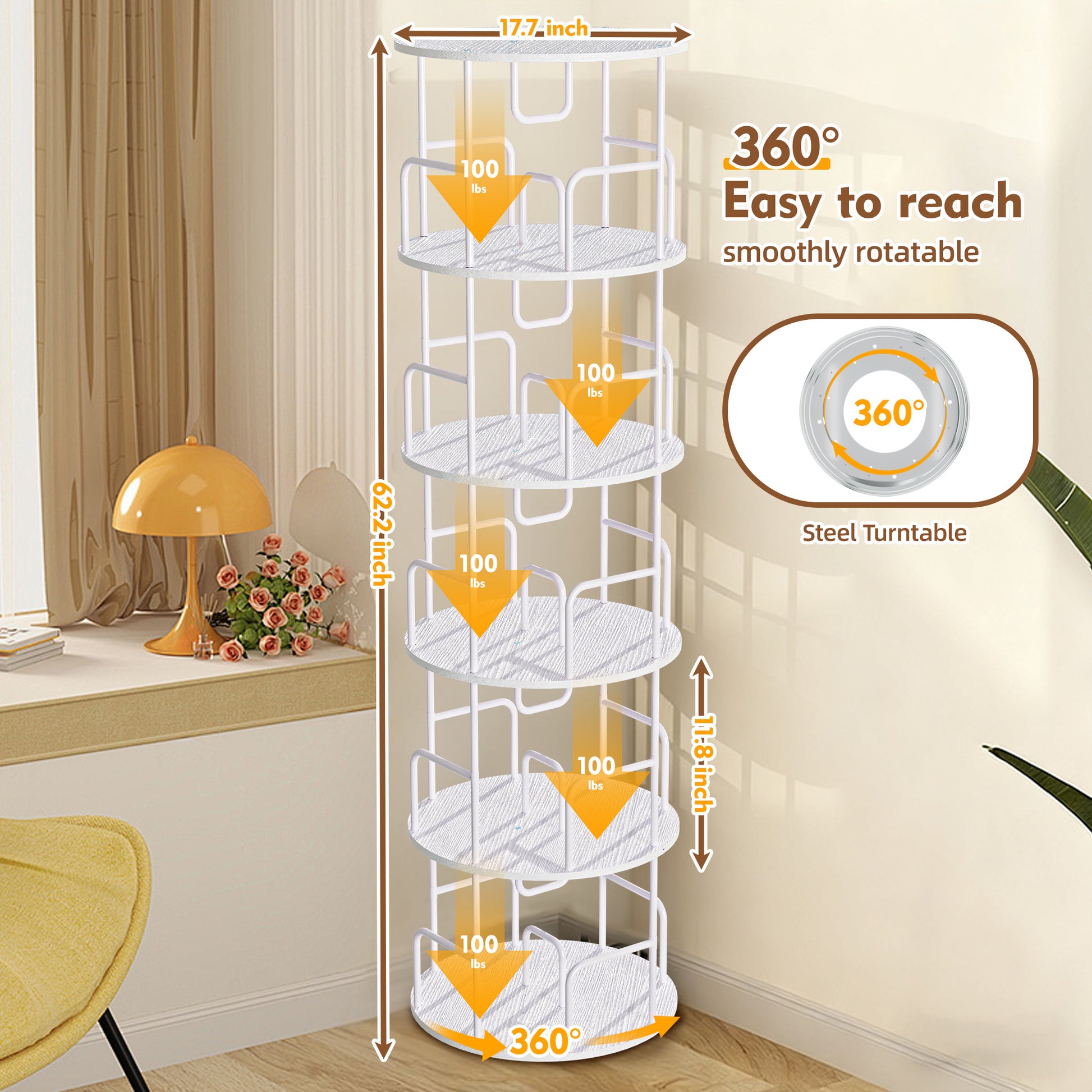 Rotating Bookshelf Tower 5 Tier,Spinning Bookcase, Revolving 360 Book Shelf Narrow Tall Bookcase, Vertical Turning Round storage Bookshelf,Book Shelf Organizer for Bedroom, Living Room, White image 4