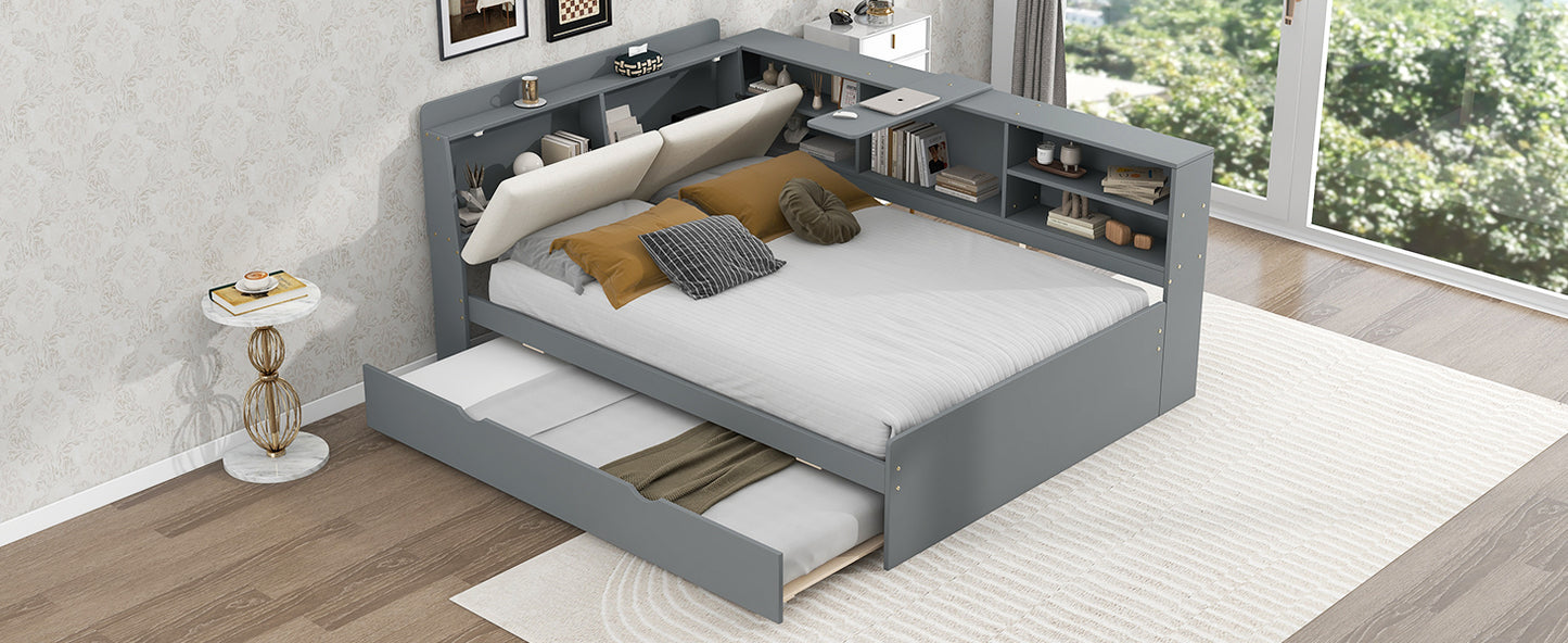 Wood Full Size platform bed with Trundle, Shelves and Storage Headboard, Gray image 11