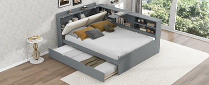 Wood Full Size platform bed with Trundle, Shelves and Storage Headboard, Gray image 11