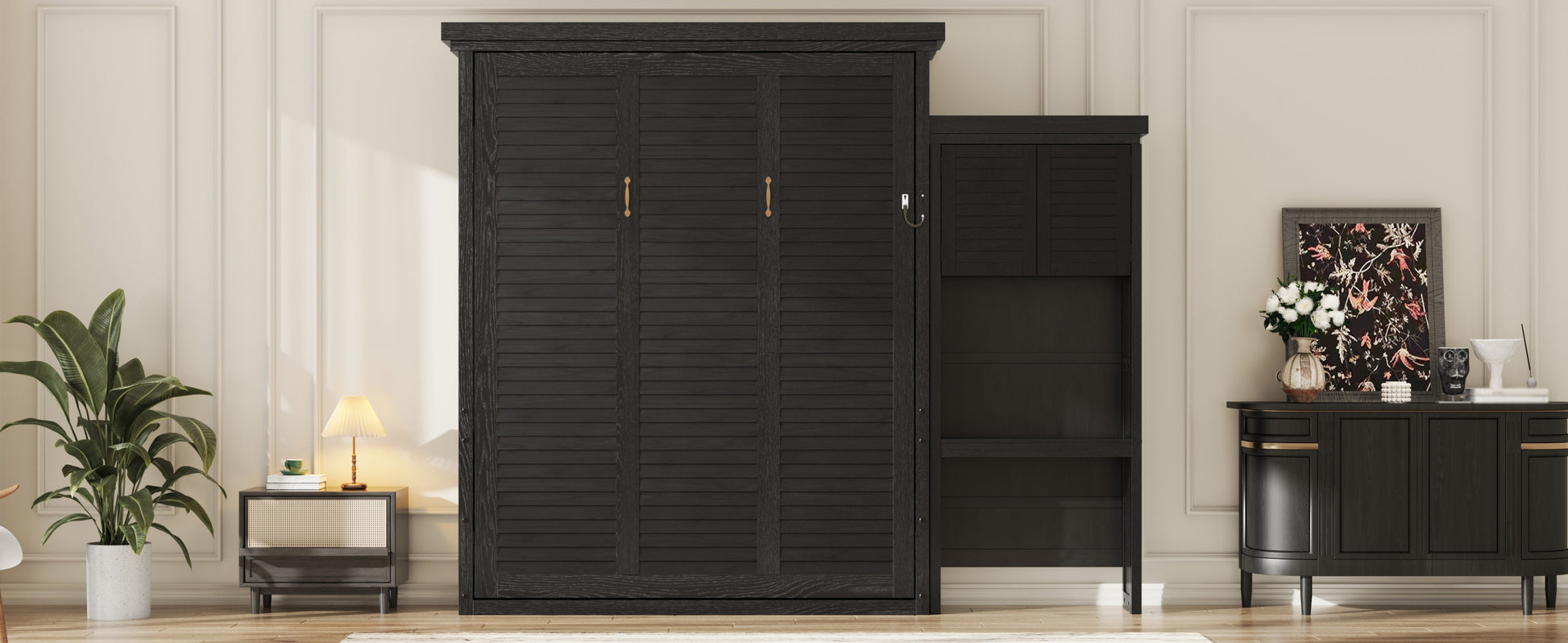 Queen Size Murphy Bed with Multiple Storage Shelves and Louvered Style Decoration,Black image 8