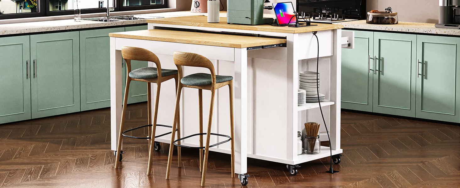 K&K 47 inch Kitchen Island with Extendable Dining Table, Rubber Wood Veneer Kitchen Table with Internal Storage Rack, Power Outlet, Kitchen island with Storage 2 Drawers 2 Cabinet,White image 3