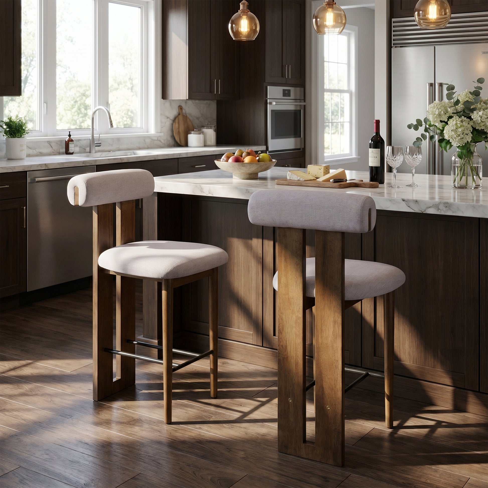 Renee Indoor Modern Split-Back Rubber Wood Counter Stool with Ivory Upholstery, Dark Walnut Finish, Set of 2 image 2