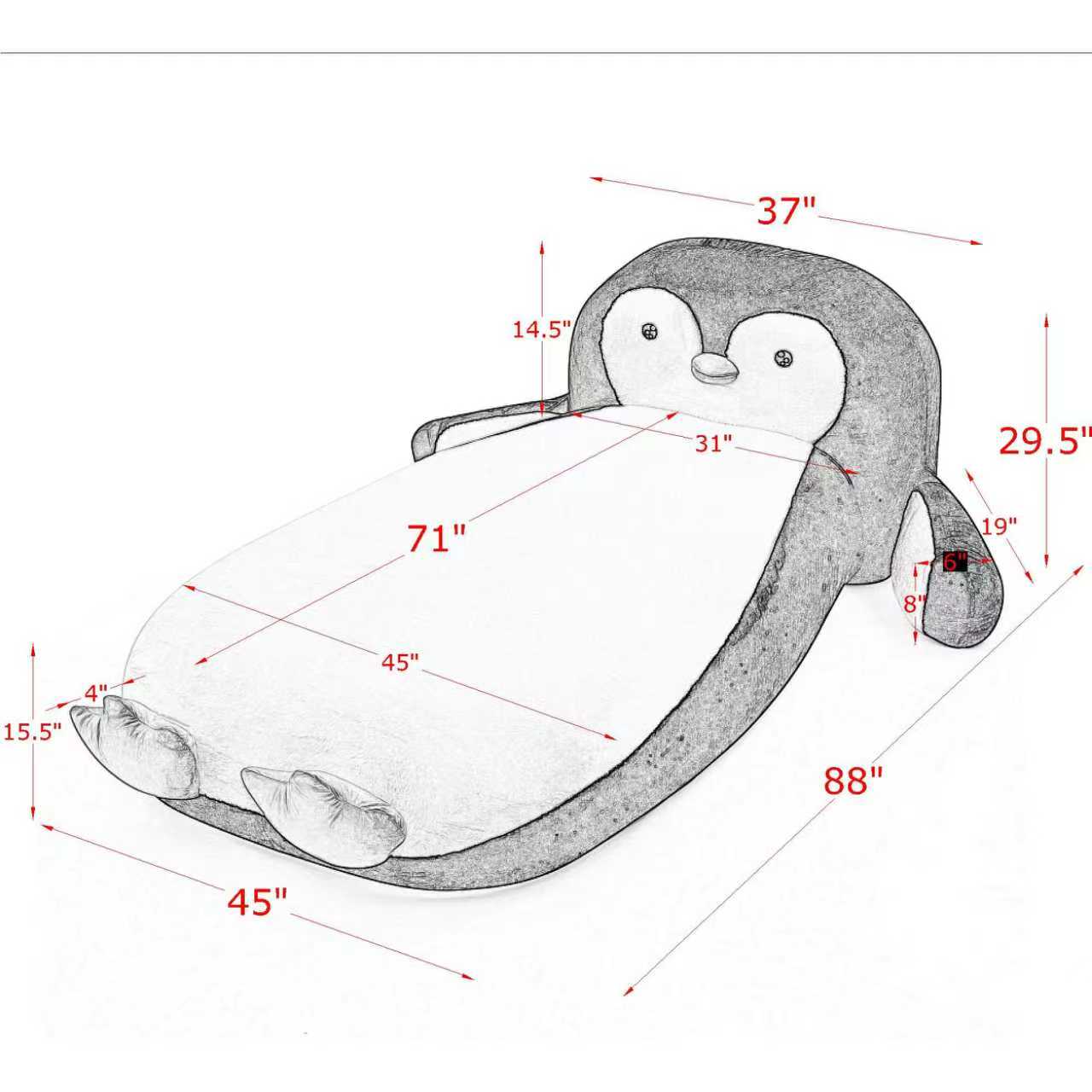 Twin Size Fluffy Faux Fur Penguin Shaped Bed Lounger Chair with 100% Sponge Filling for Kids Bedroom Playroom (88''x45''x29.5'') image 11