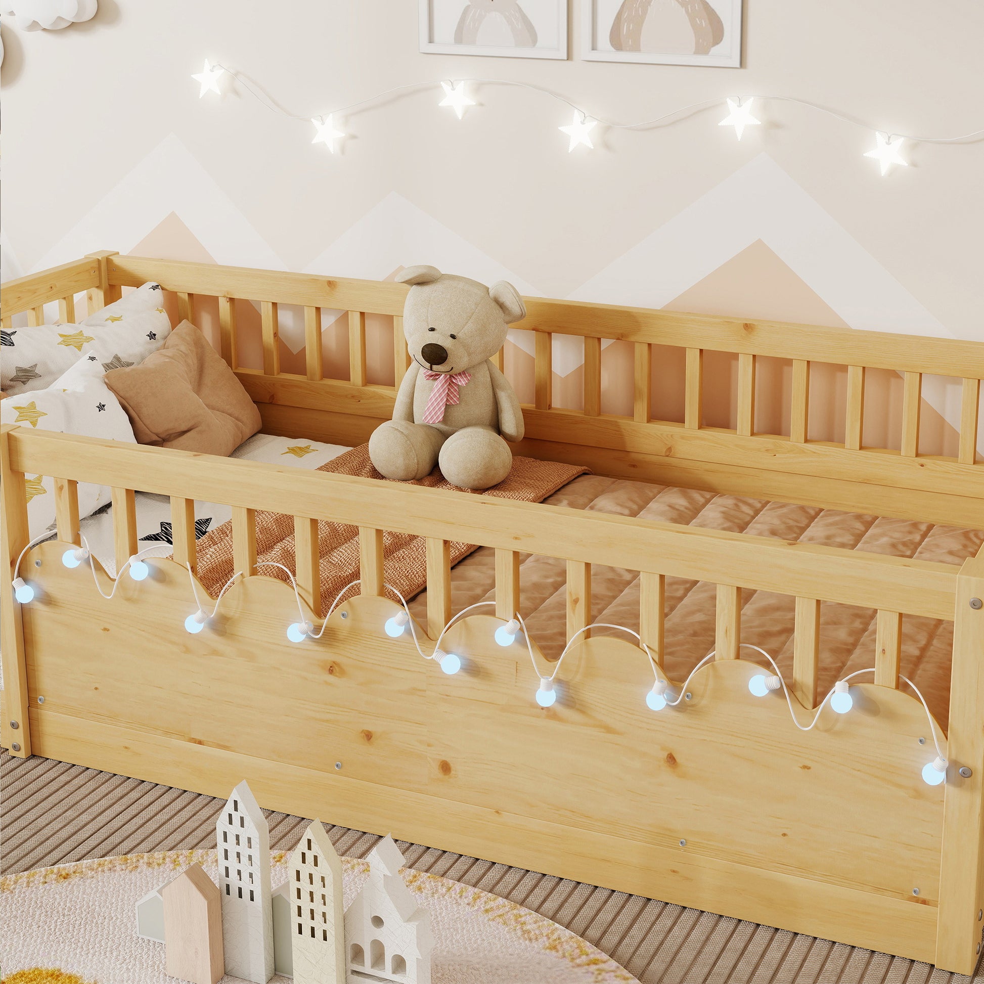 Twin Montessori Floor Bed Frame with High Rails, Wood Kids Floor Beds with Light and Storage Shelf, Natural (Expect Arrival Date 2025/8/15) image 5