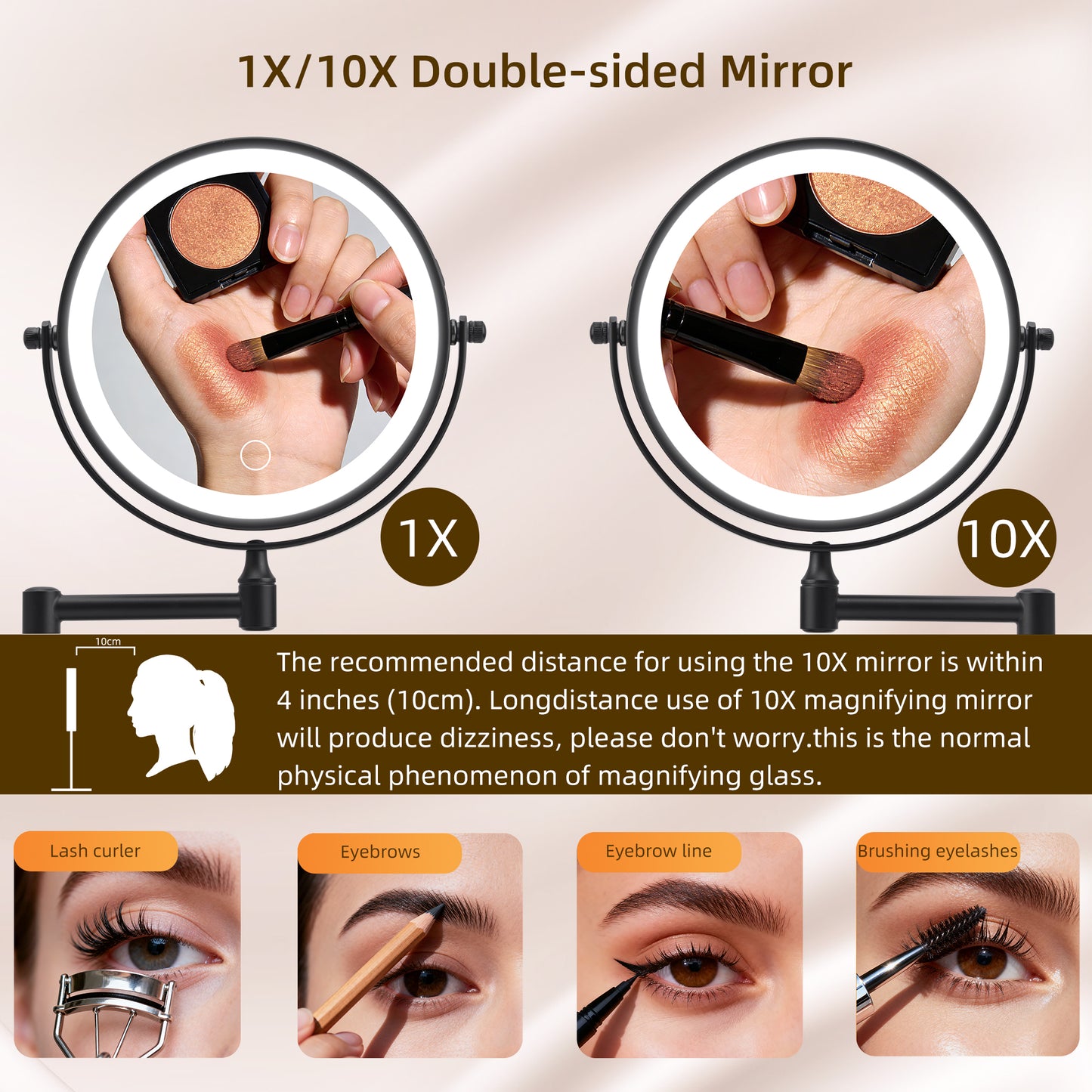Rechargeable Wall Mounted Makeup Mirror 8'' Magnifying Mirror with Lights Double-Sided 1X/10 360° Rotation Extension Bathroom Shaving Mirror with Foldable Arm image 6