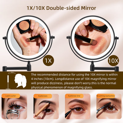 Rechargeable Wall Mounted Makeup Mirror 8'' Magnifying Mirror with Lights Double-Sided 1X/10 360° Rotation Extension Bathroom Shaving Mirror with Foldable Arm image 6