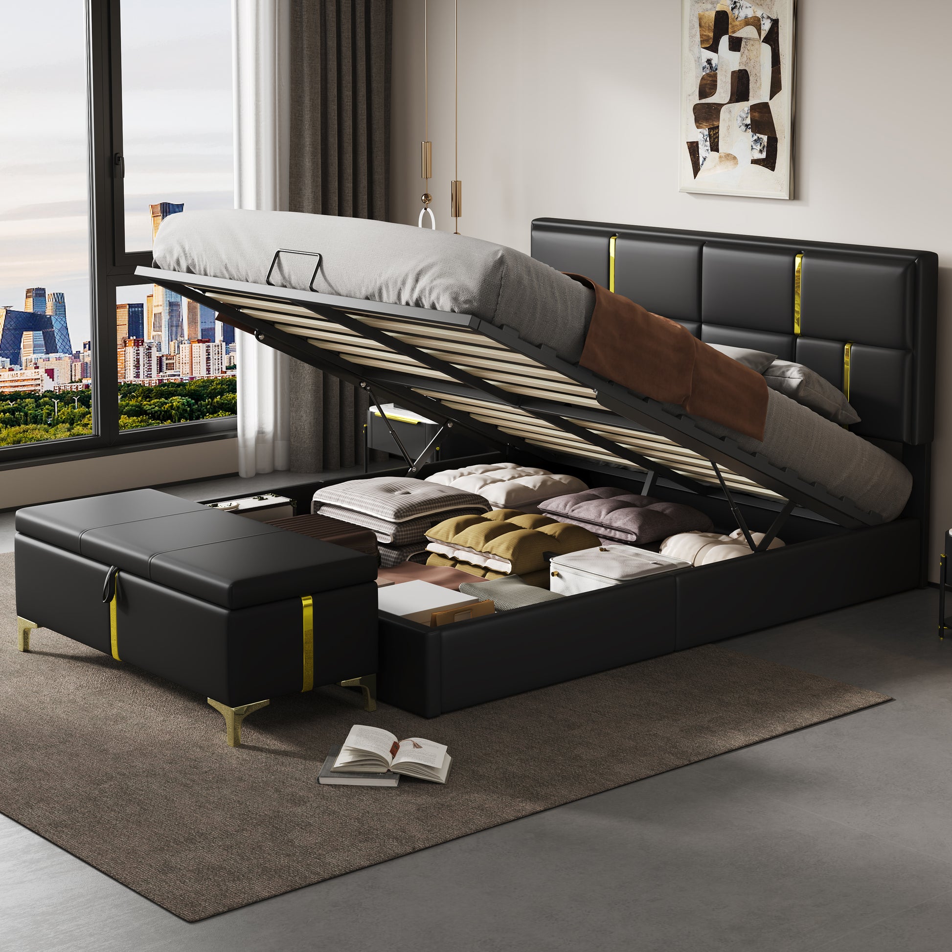 2-Pieces Bedroom Sets,Queen Size Upholstered Platform Bed with Hydraulic Storage System,Storage Ottoman with Metal Legs,Black(Old SKU:N733S207778B) image 1