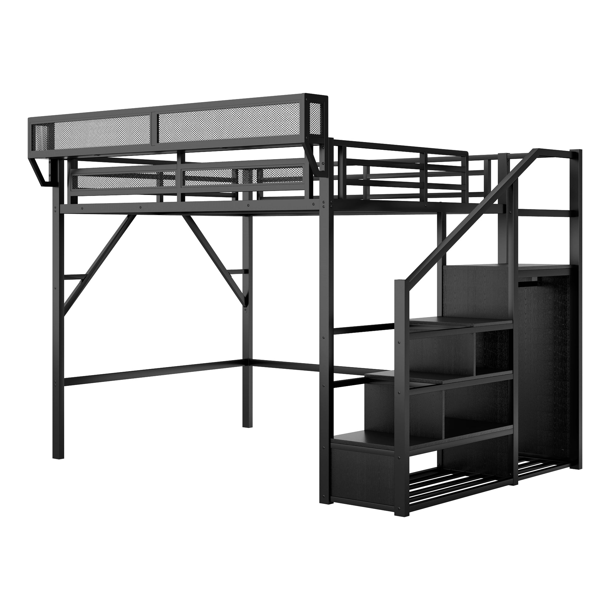 Queen Size Loft Bed with Stairs, Metal Queen Loft Bed with Storage Shelves, High Loft Bed with Wardrobe for Kids Teens Adults, Black(Old skuW2580S00038) image 12