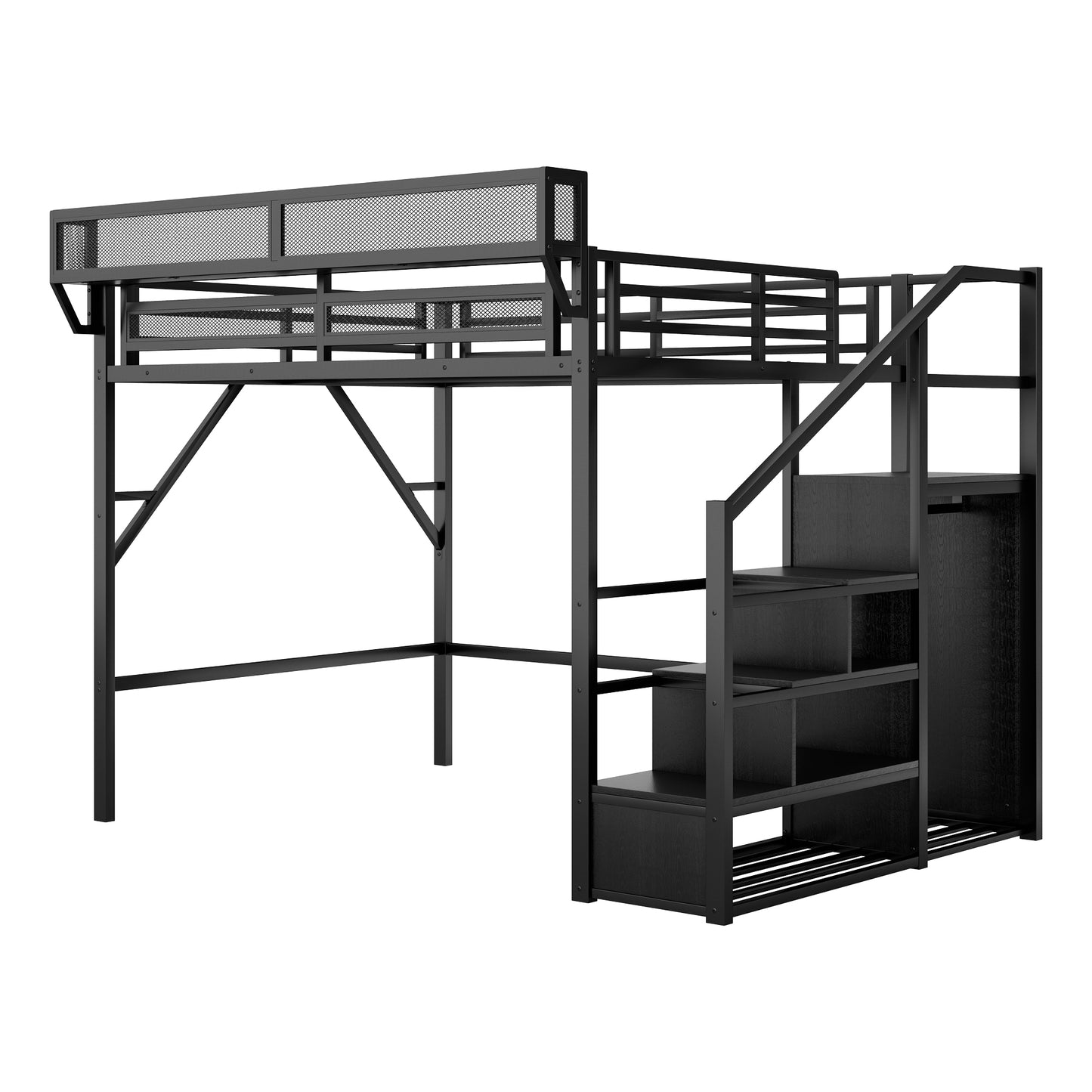 Queen Size Loft Bed with Stairs, Metal Queen Loft Bed with Storage Shelves, High Loft Bed with Wardrobe for Kids Teens Adults, Black image 12