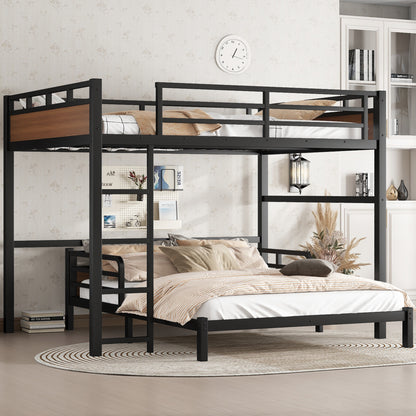 Queen over Queen Metal Bunk Bed/Metal Loft Bed,Separable Bunk Beds,with raised security fence,Walnut Color image 1